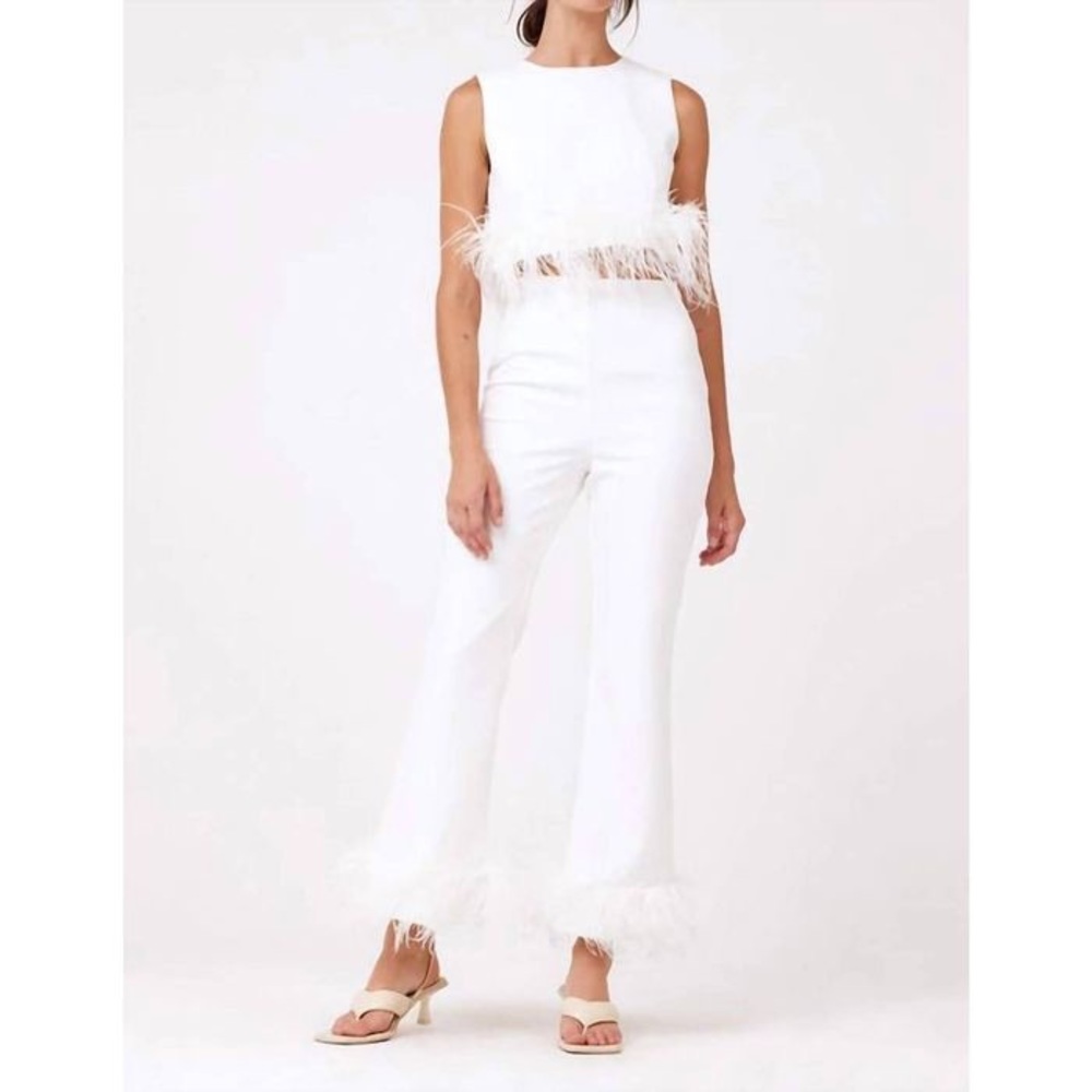 Bridal White Feather Trimmed Fit (Cropped Top + Pants)